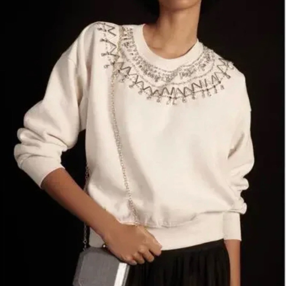 Anthro Maeve Coastal Glam Embellished Sweatshirt Preppy Chic Beaded Top S A81
